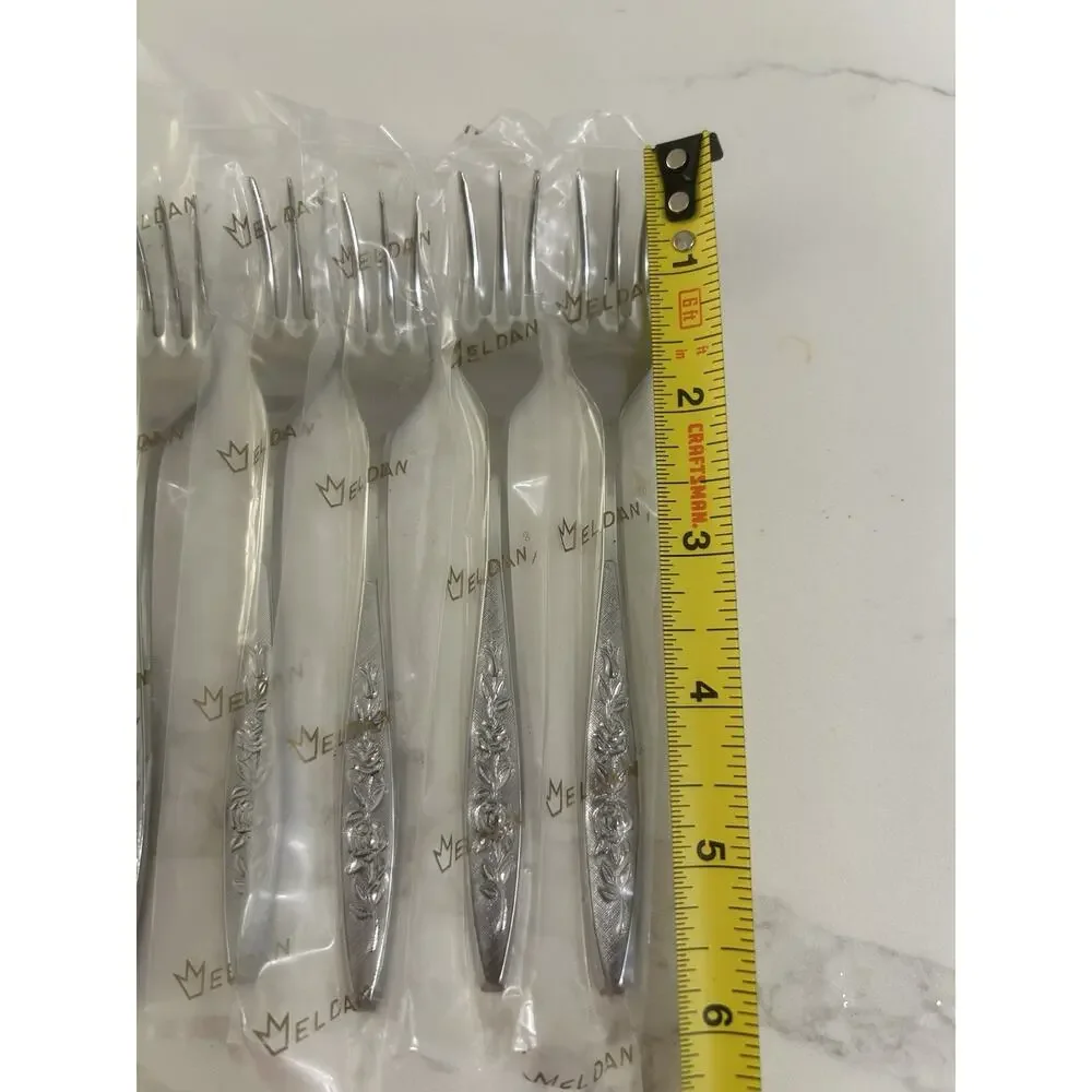 NEW Eldan ELD18 Set Of 8 Seafood Forks MAY ROSE Textured Roses Stainless Vtg MCM